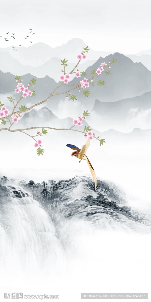 花鸟 玄关中式框画 tiF分层