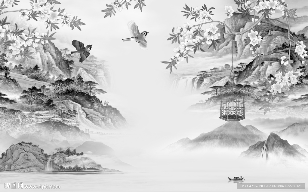 高清 高雅灰色山水 TiF分层