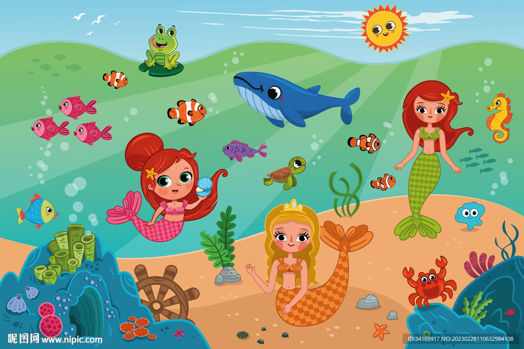 可爱美人鱼卡通海底世界鲸鱼背景