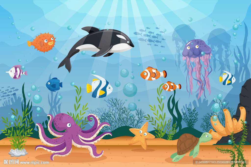 蓝色卡通黑鲸章鱼海底世界背景墙