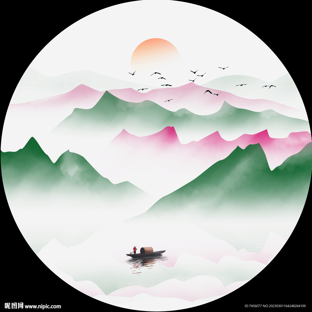 水墨山脉湖泊圆形挂画