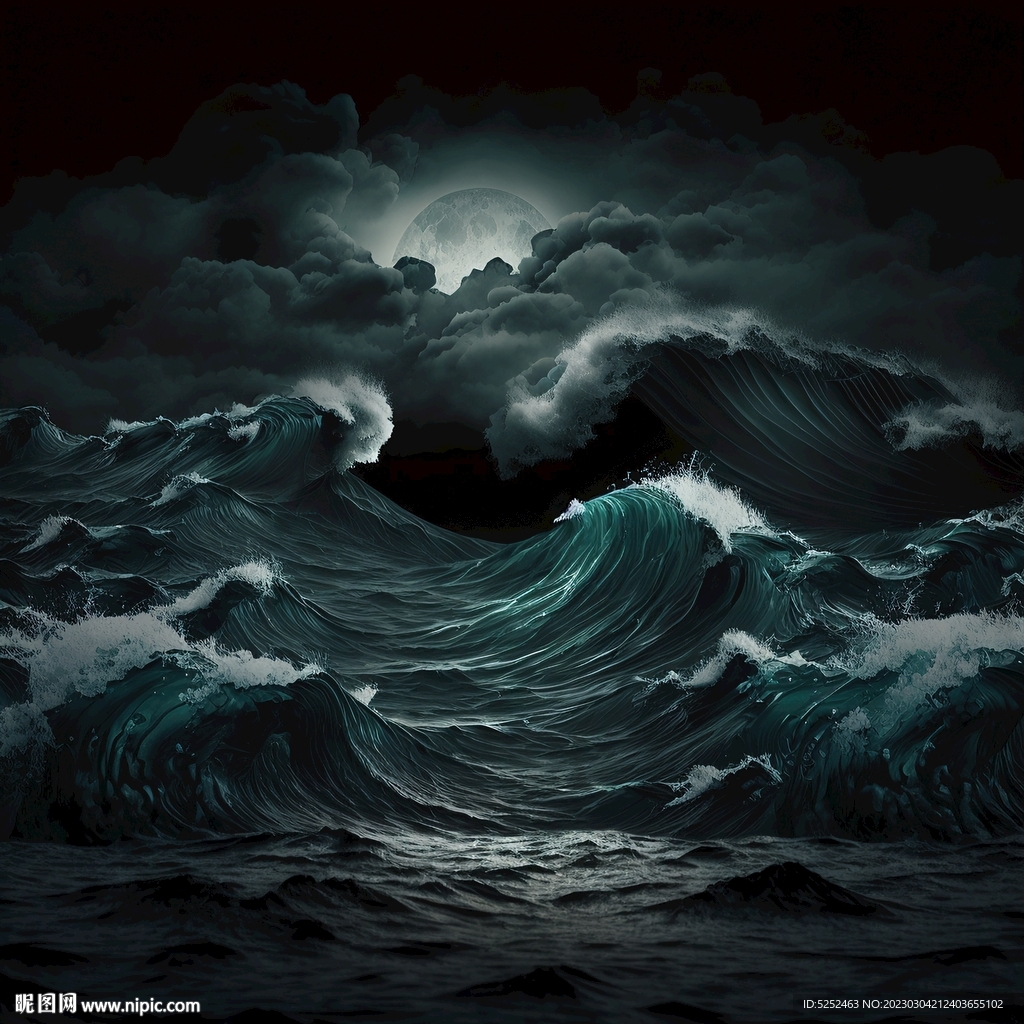 黑夜大海的波浪