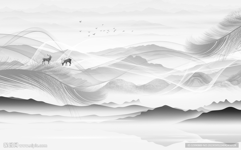 爆款 灰色简意山水 Tif分层