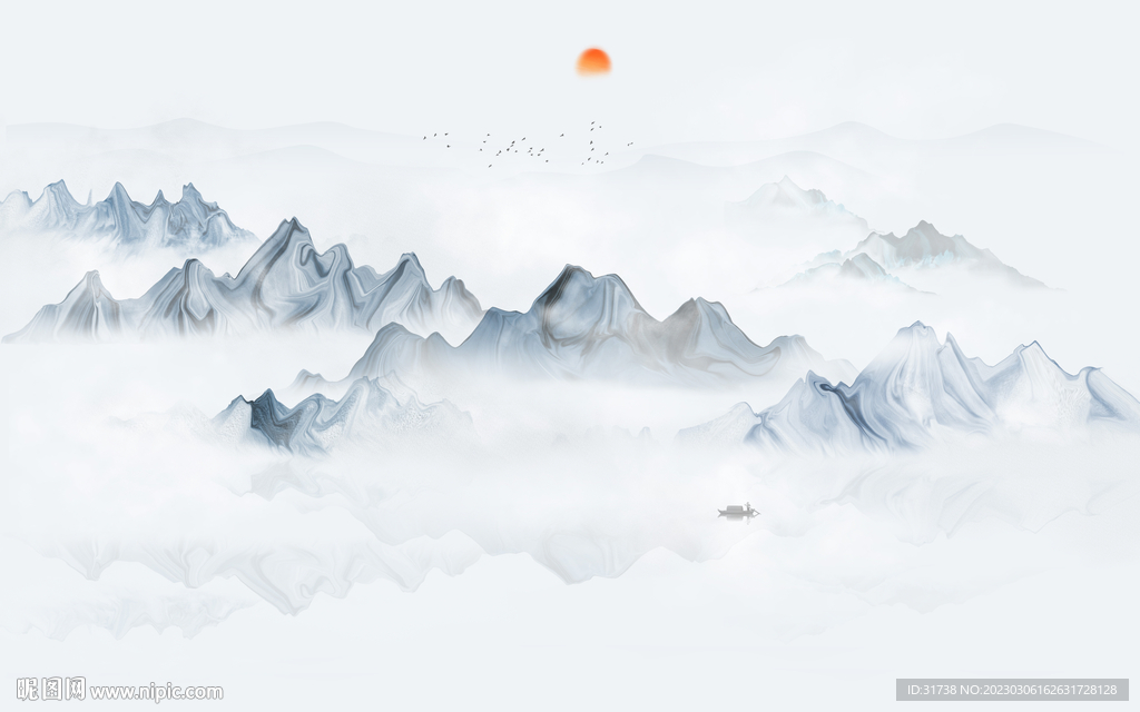 简约蓝色客厅水墨画背景墙