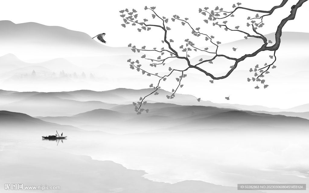 高清 简奢灰色山水 tIF分层