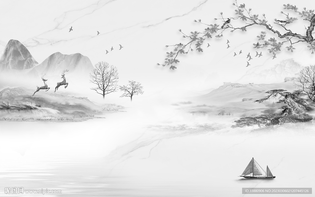 高清 简意灰色山水 tif分层