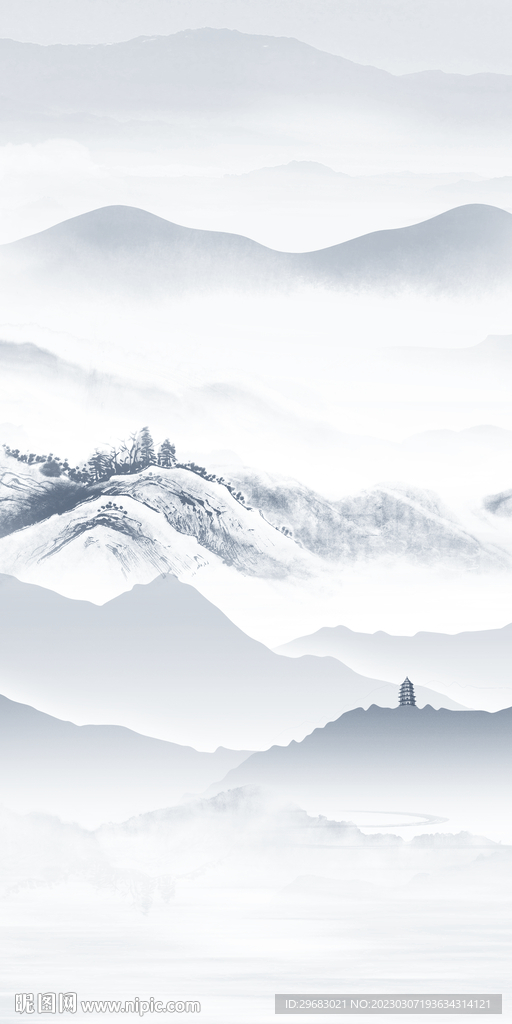 蓝色 玄关简意山水 tIf分层