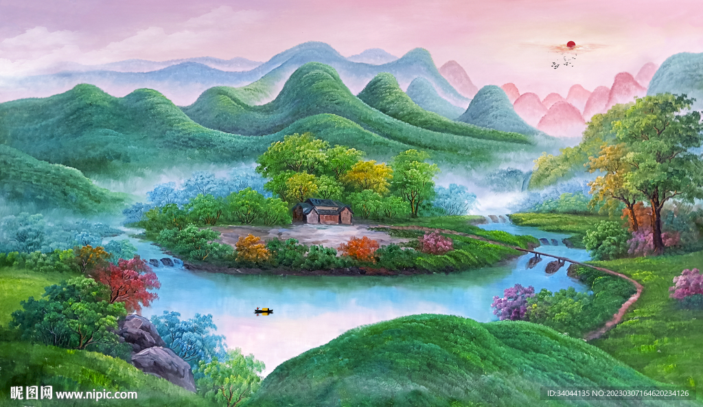 山水聚宝盆风景画 招财画 国画