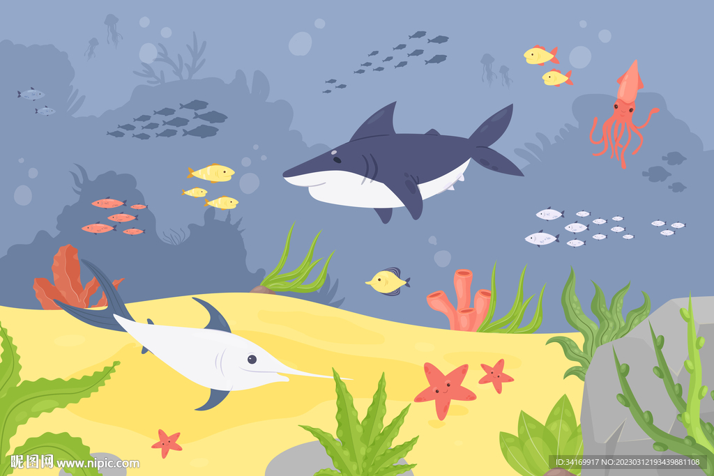 手绘鲨鱼卡通海底珊瑚热带鱼背景