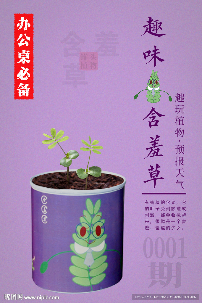 含羞草创意好玩植物瓶贴贴纸