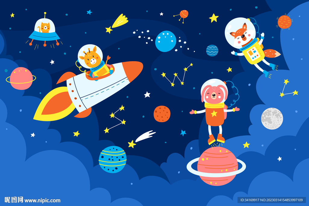 卡通太空星球手绘动物宇航员背景