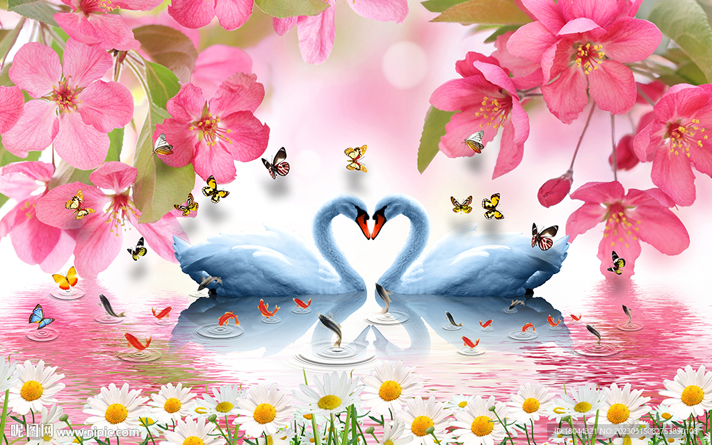 浪漫桃花天鹅湖电视背景墙