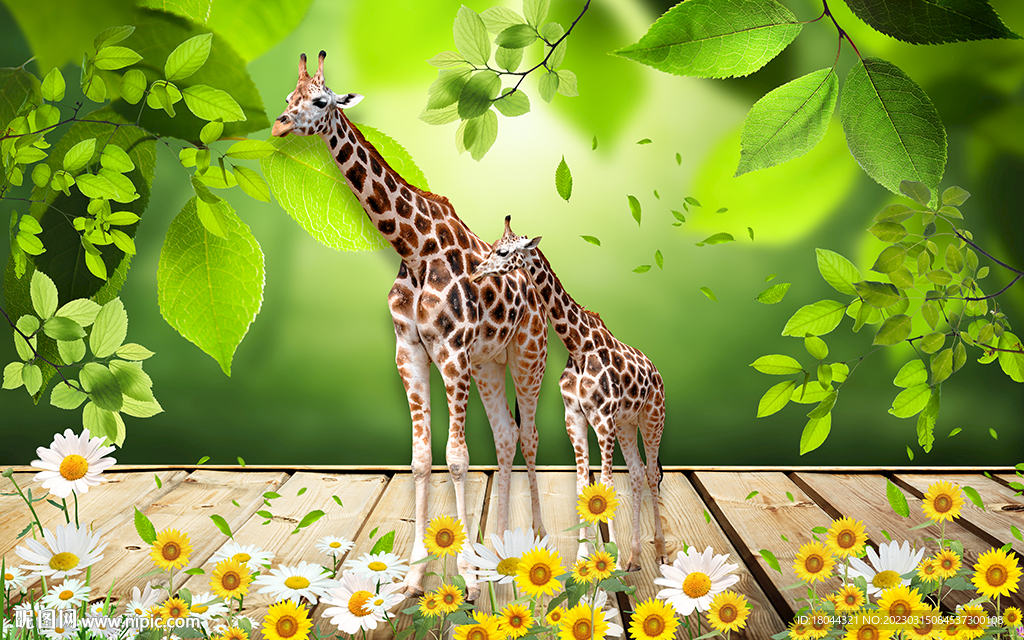 绿色树叶长颈鹿电视背景墙