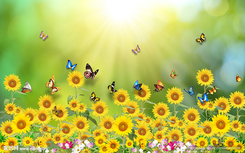 向日葵花海蝴蝶电视背景墙