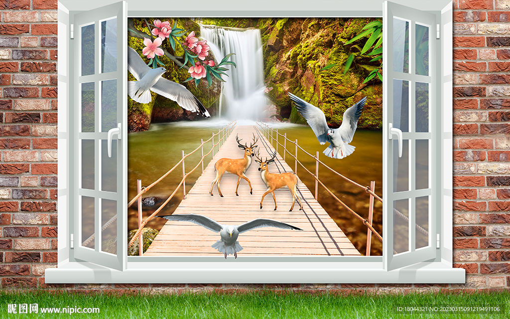 立体砖墙窗户风景电视背景墙