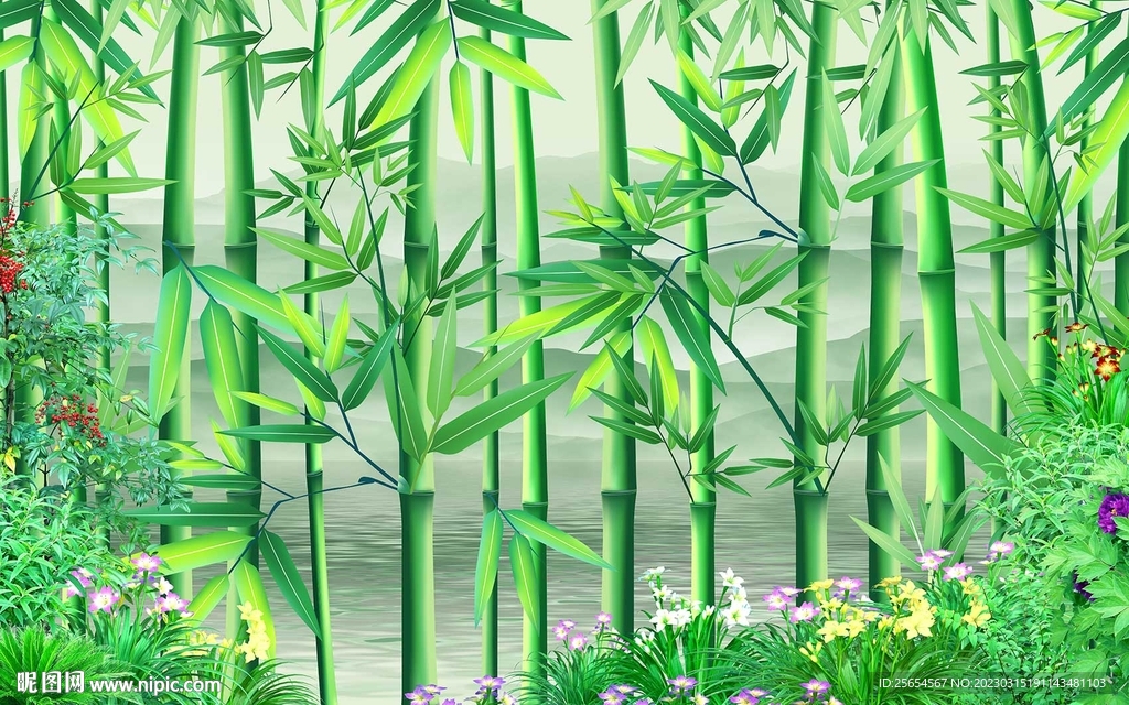 竹石花鸟山水壁画