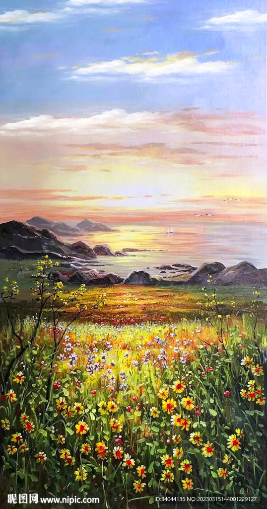 草地花开海报旭日风景油画装饰画