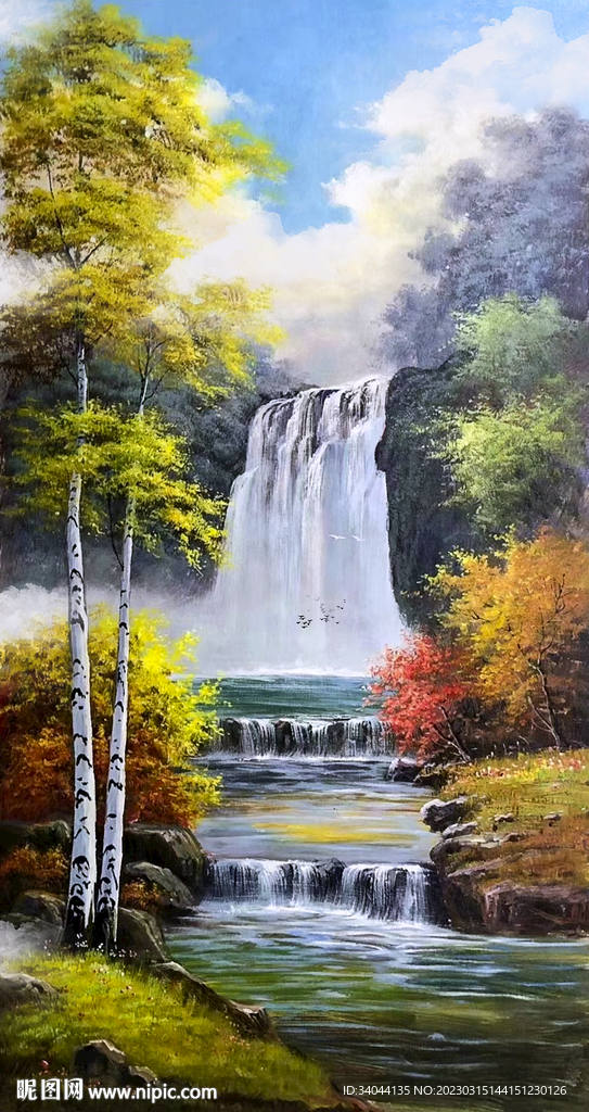 风景油画流水瀑布装饰画