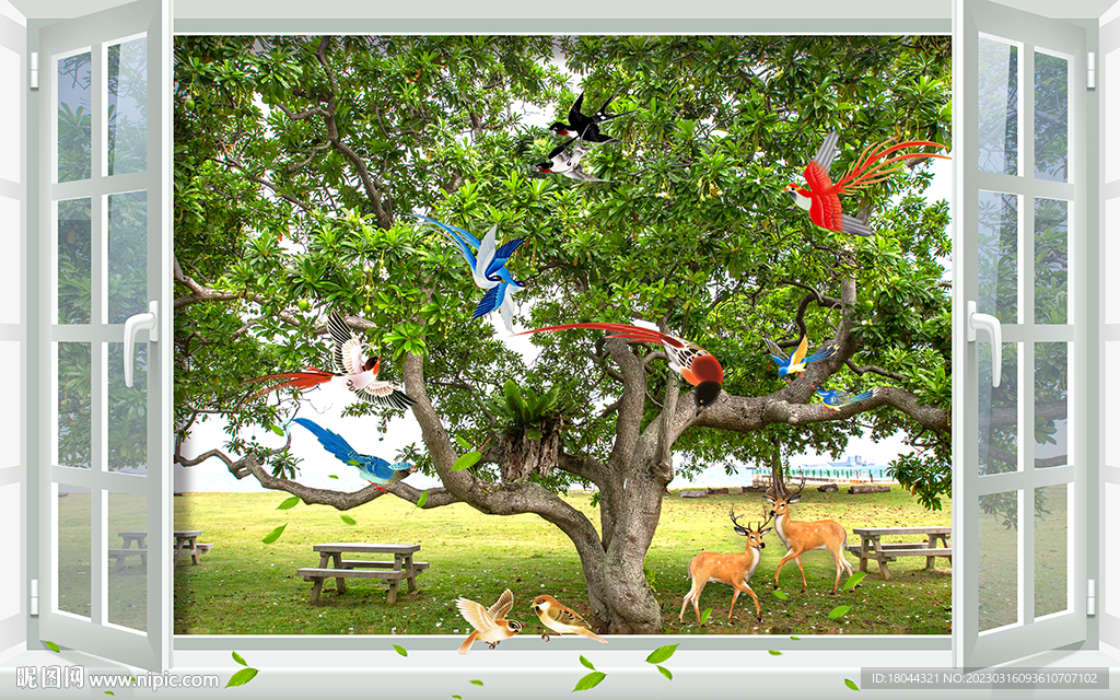窗外鸟语花香大树电视背景墙