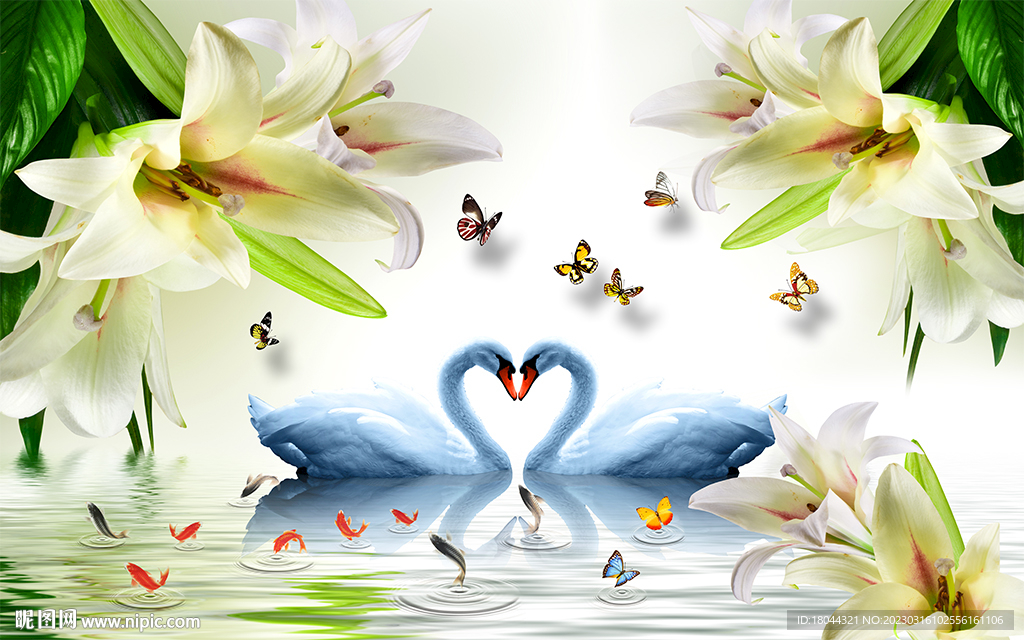 唯美百合花天鹅湖电视背景墙