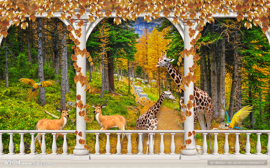 森林长廊长颈鹿电视背景墙