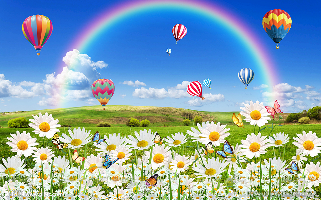 小雏菊花海热气球电视背景墙