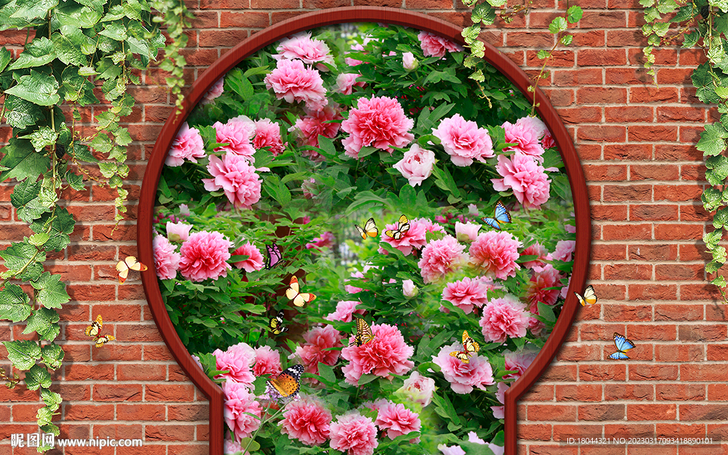 砖墙牡丹花海电视背景墙