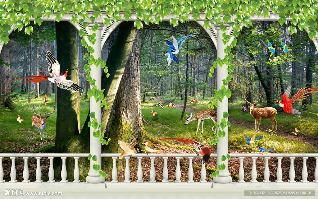 绿藤走廊森林麋鹿电视背景墙