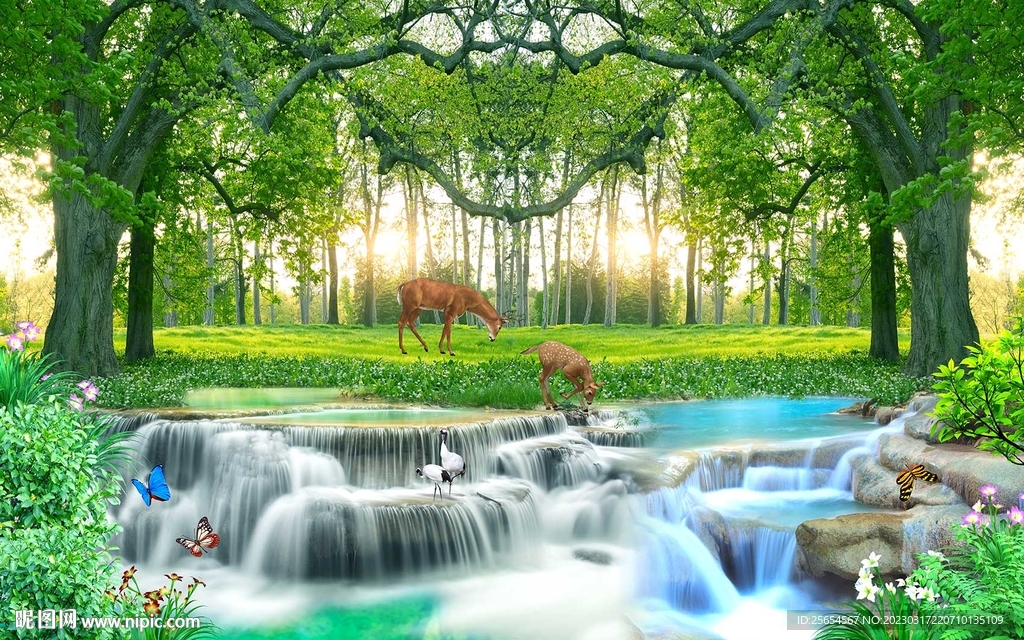 树林小溪流水风景画背景墙