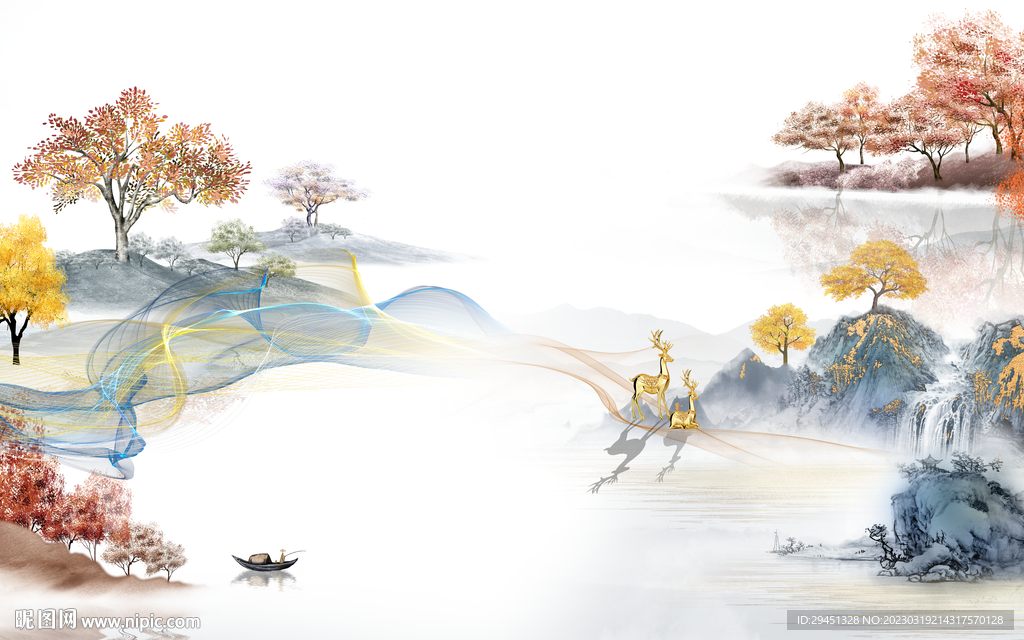 别墅 客厅墙画山水 tif分层