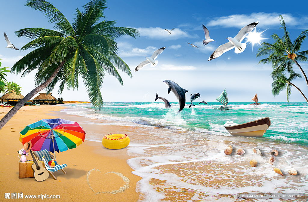 海边沙滩椰树电视背景墙