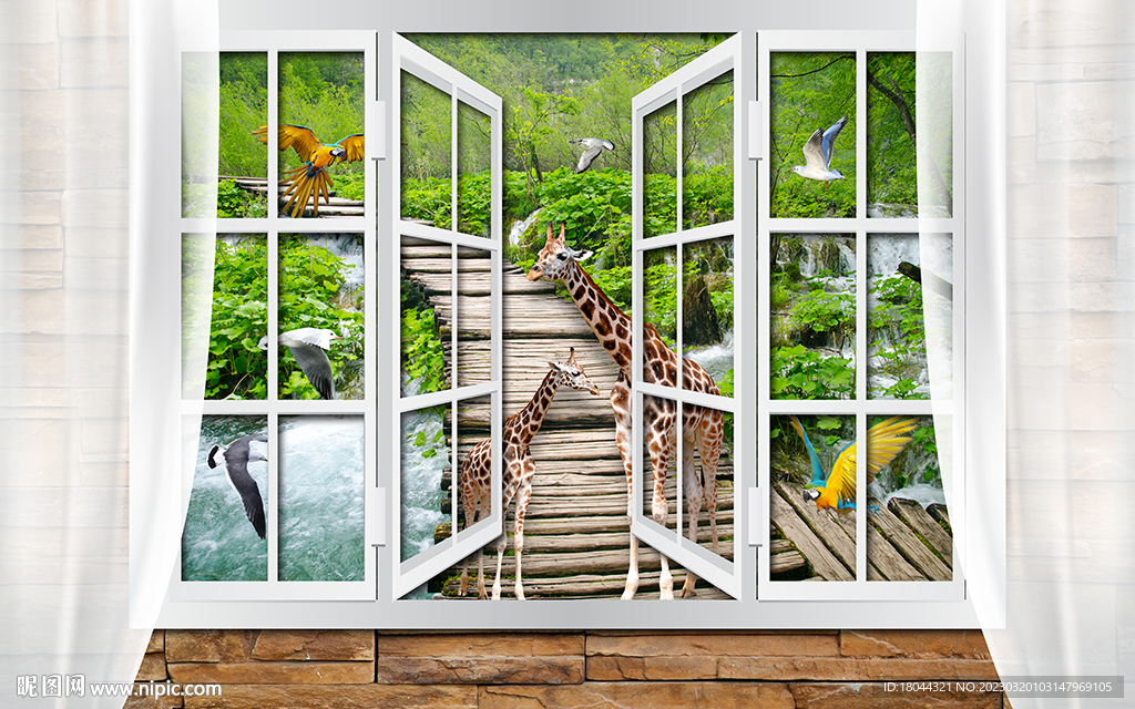 立体窗户长颈鹿电视背景墙