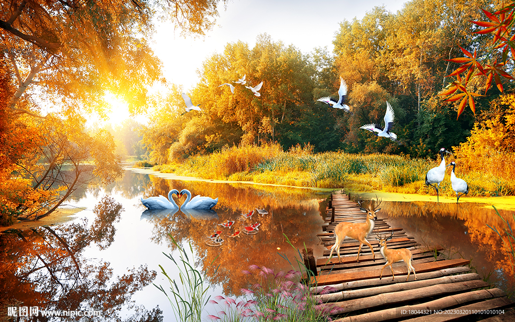 深秋景色木桥电视背景墙