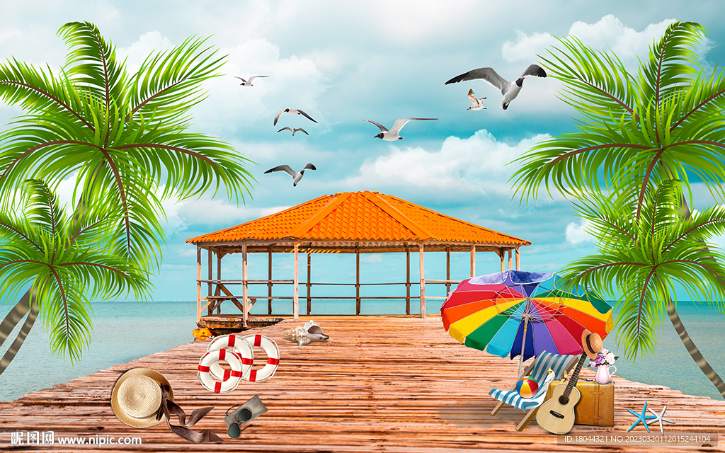 唯美栈桥沙滩电视背景墙