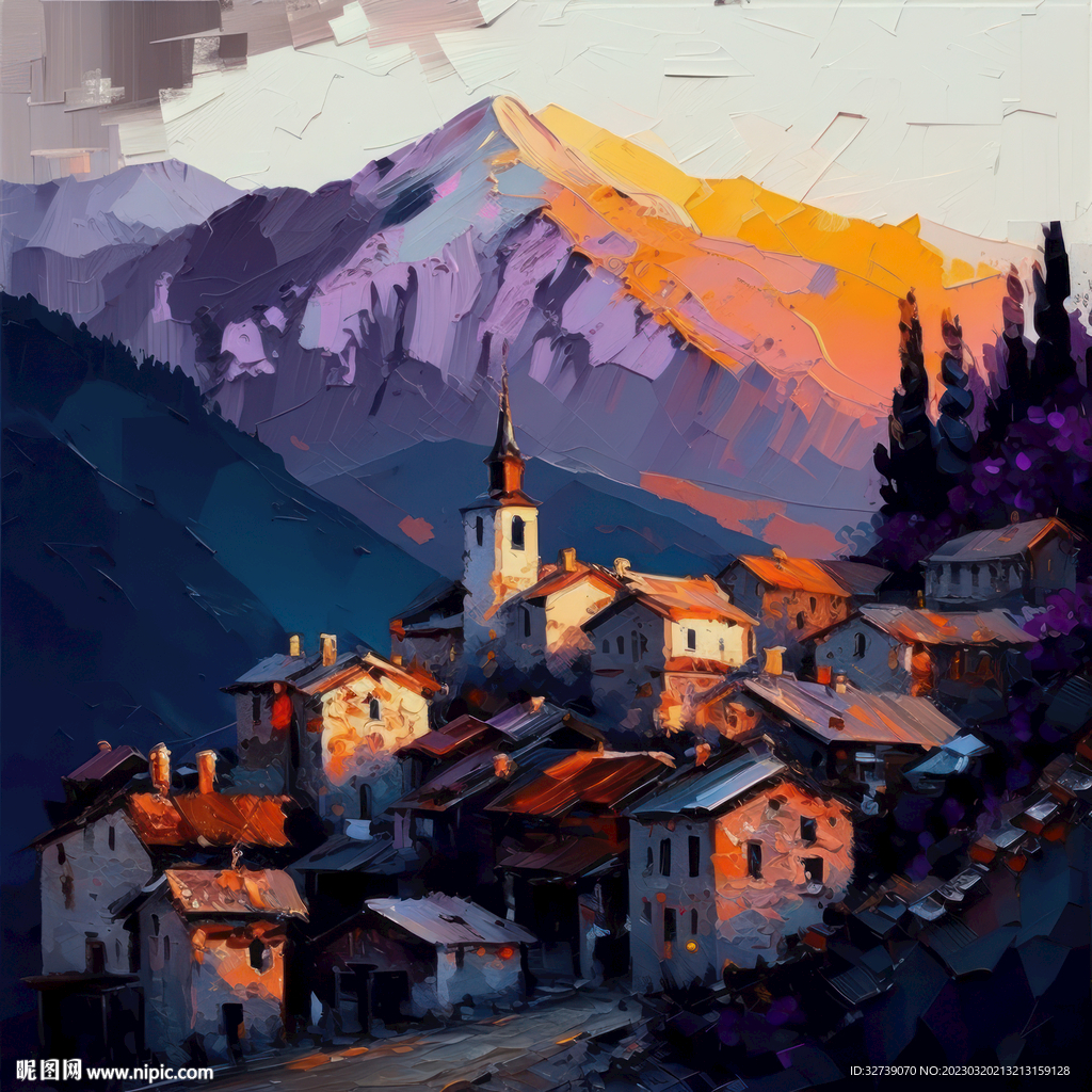 油画日落山村