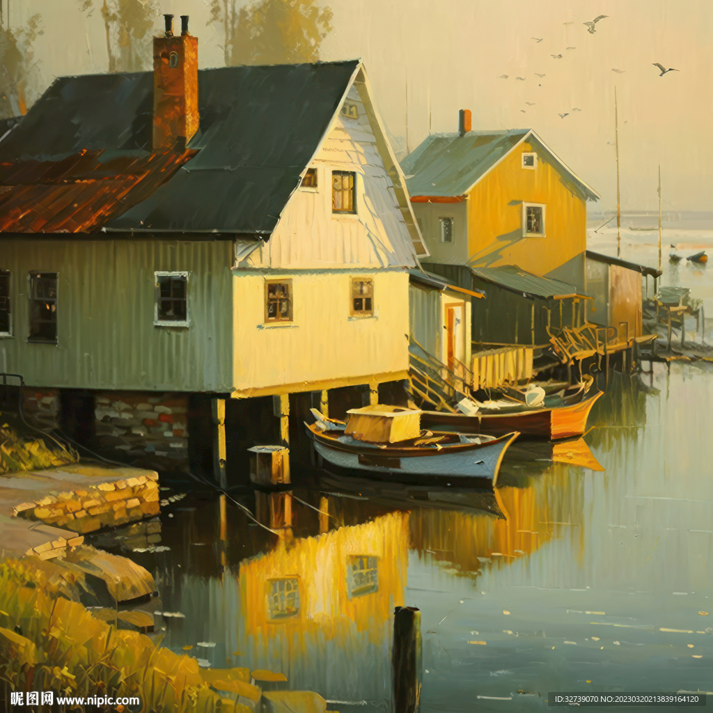 油画 渔村清晨