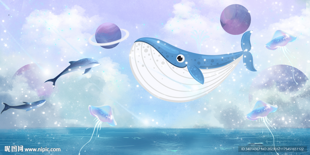 卡通鲸鱼海豚背景墙