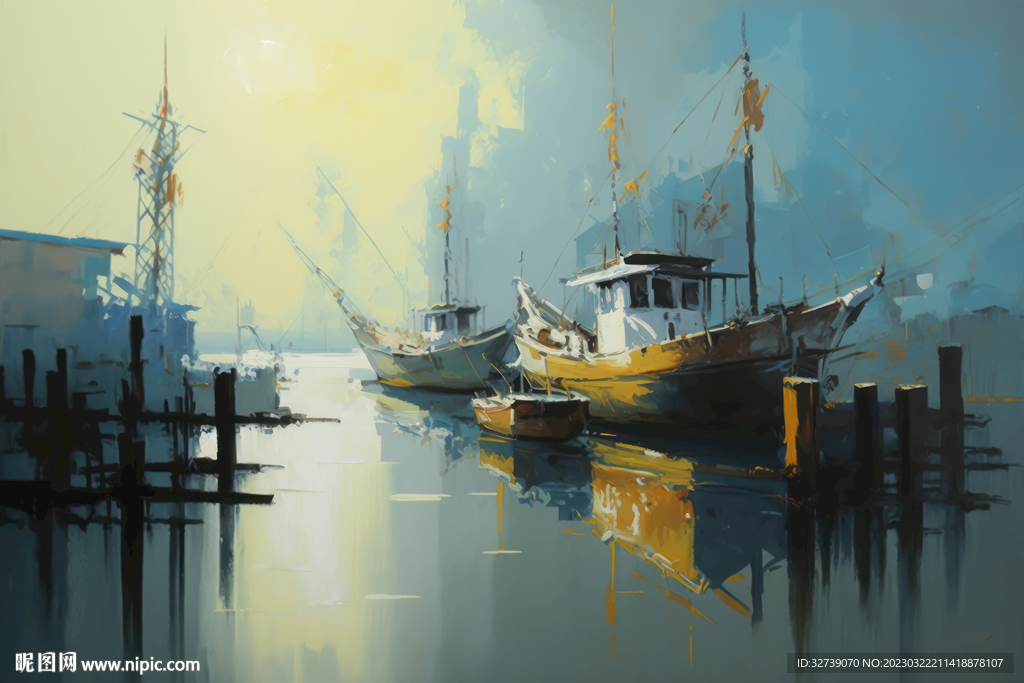 油画 渔港清晨