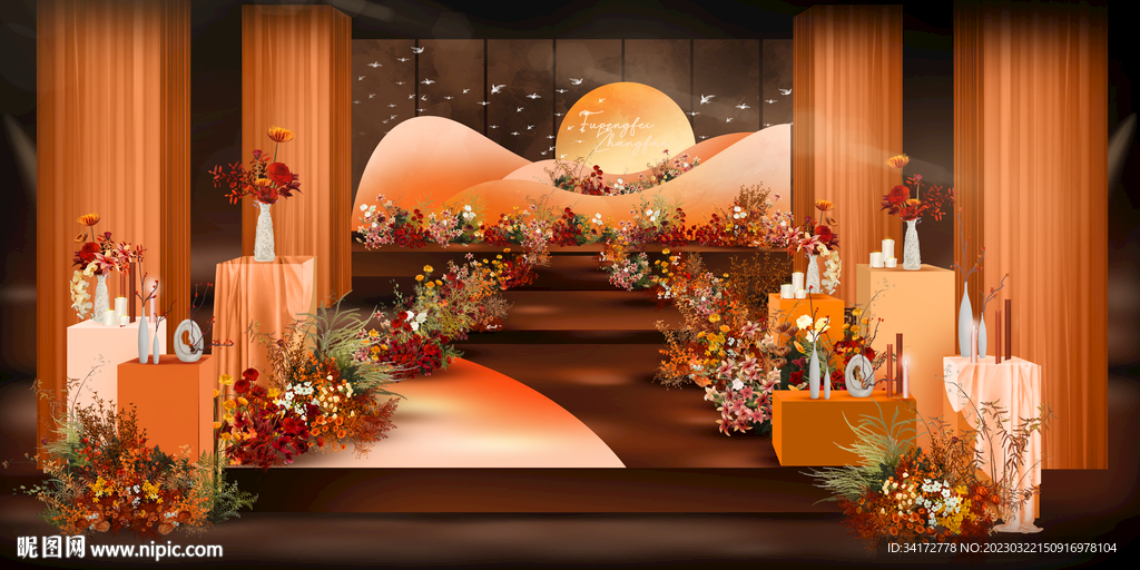 秋色系落日橙红色大气婚礼效果图