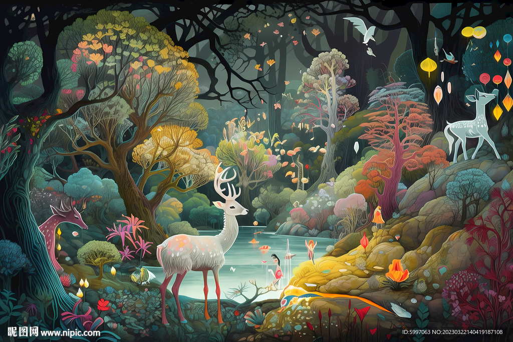 麋鹿 小白鹿 梅花鹿插画封面