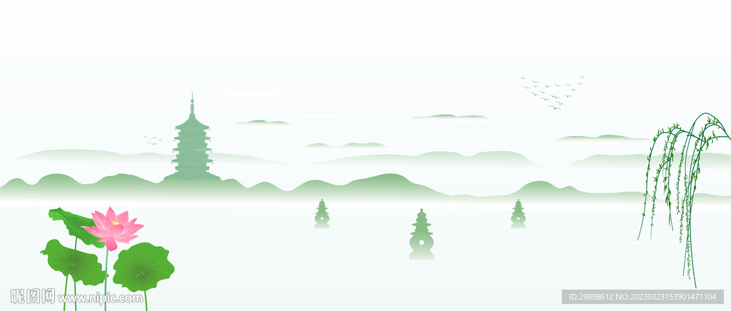 杭州西湖山水荷花垂柳三潭印月