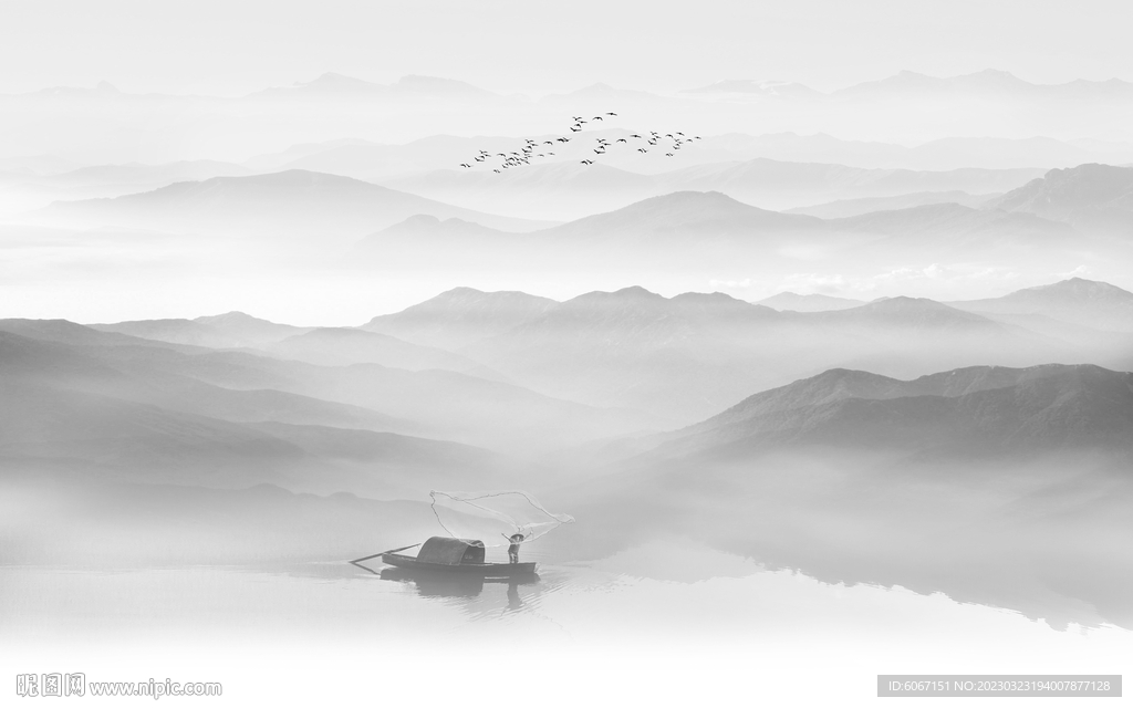 中式灰色水墨山水画背景墙