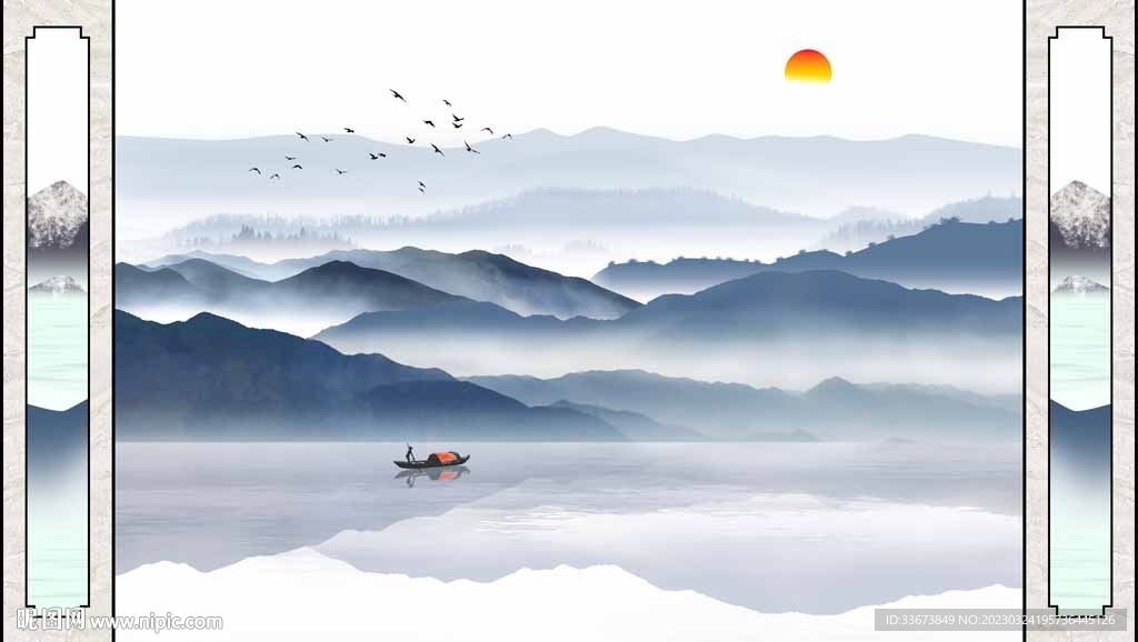 蓝色山水背景墙