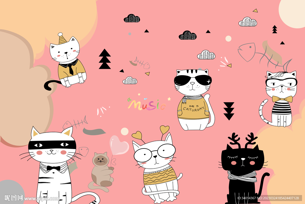 卡通粉红色猫背景墙