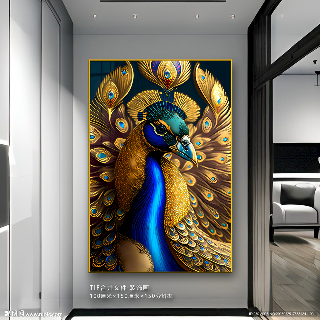 现代金色孔雀玄关画