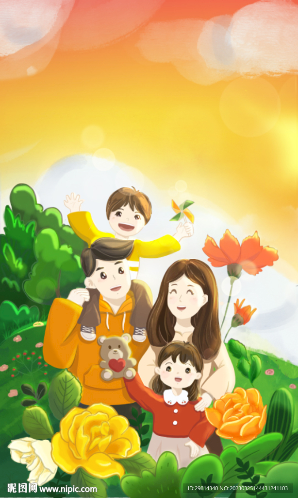 手绘卡通全家福插画头像