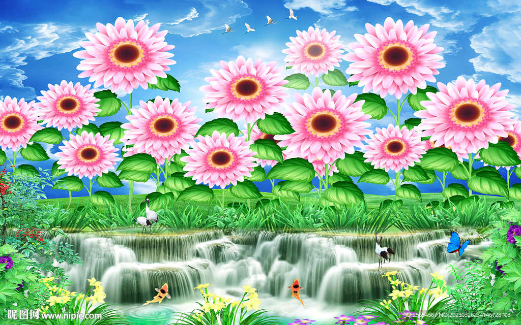 唯美向日葵流水背景墙