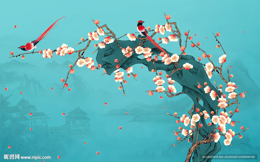 新中式工笔花鸟梅花