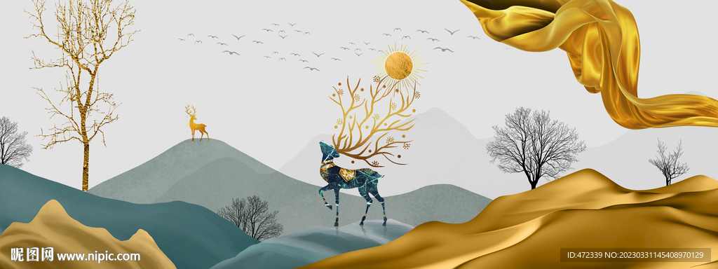 新中式现代山水麋鹿装饰画