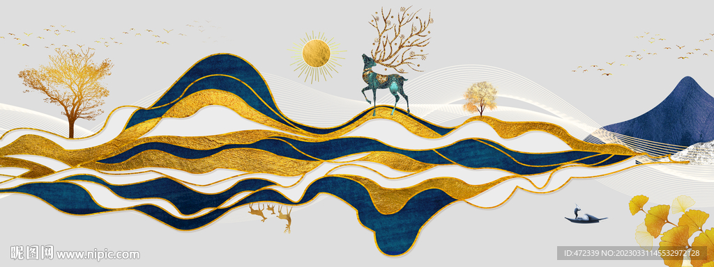 新中式现代山水麋鹿装饰画